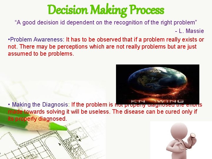 Decision Making Process “A good decision id dependent on the recognition of the right