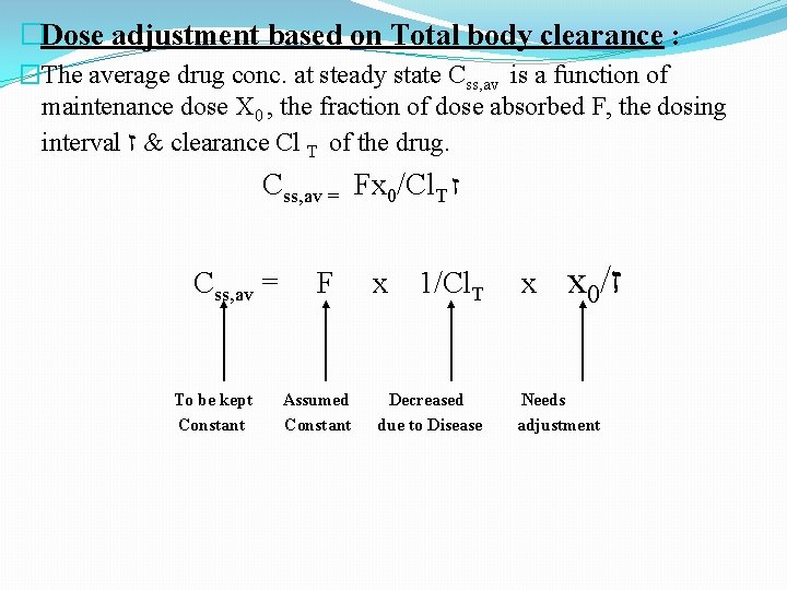 �Dose adjustment based on Total body clearance : �The average drug conc. at steady