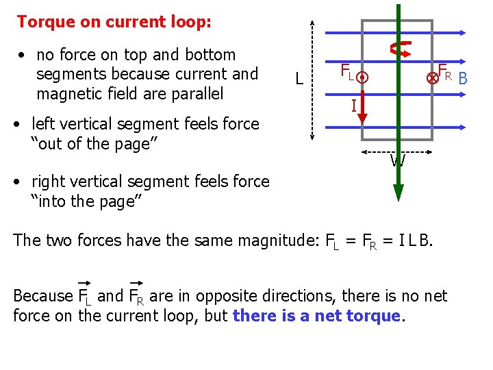 Torque on current loop: • no force on top and bottom segments because current