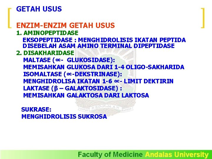 GETAH USUS ENZIM-ENZIM GETAH USUS 1. AMINOPEPTIDASE EKSOPEPTIDASE : MENGHIDROLISIS IKATAN PEPTIDA DISEBELAH ASAM