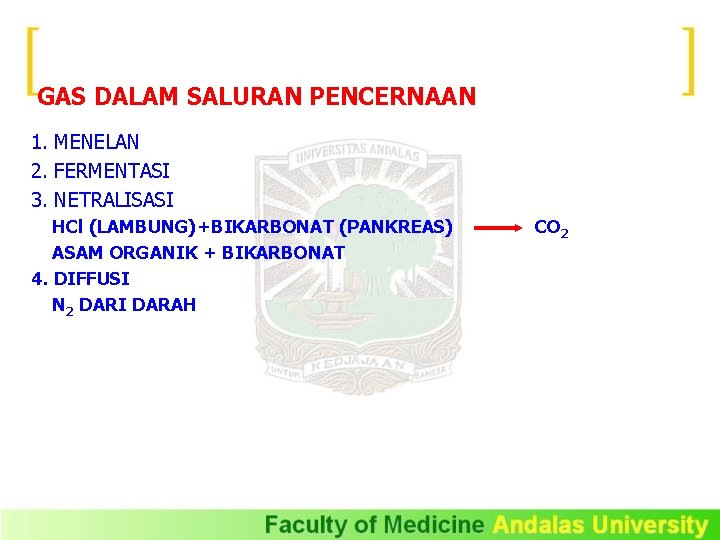 GAS DALAM SALURAN PENCERNAAN 1. MENELAN 2. FERMENTASI 3. NETRALISASI HCl (LAMBUNG)+BIKARBONAT (PANKREAS) ASAM