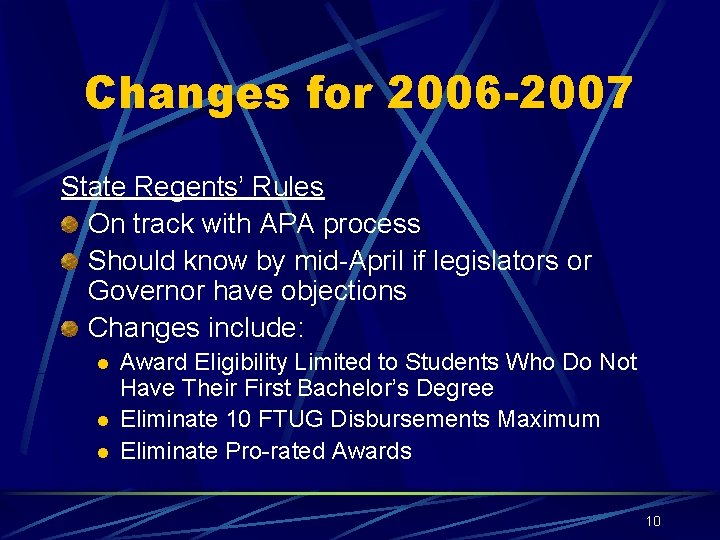 Changes for 2006 -2007 State Regents’ Rules On track with APA process Should know