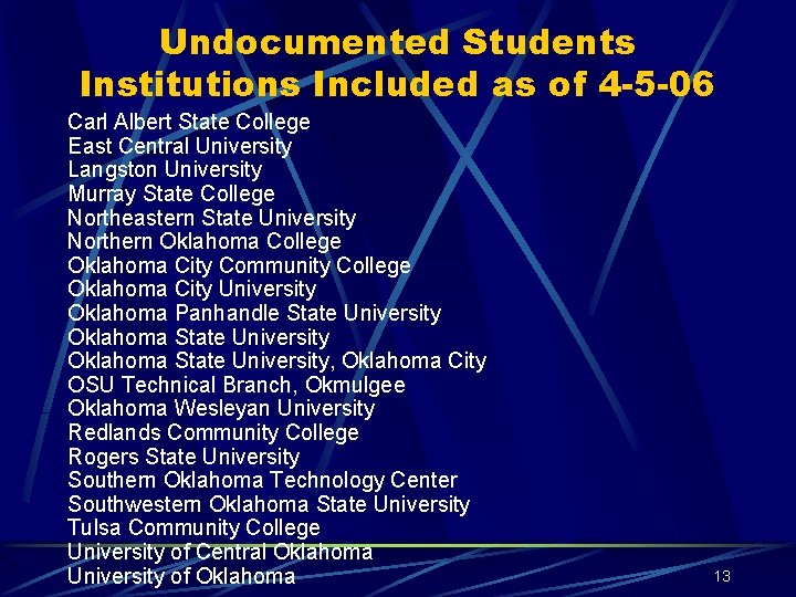 Undocumented Students Institutions Included as of 4 -5 -06 Carl Albert State College East