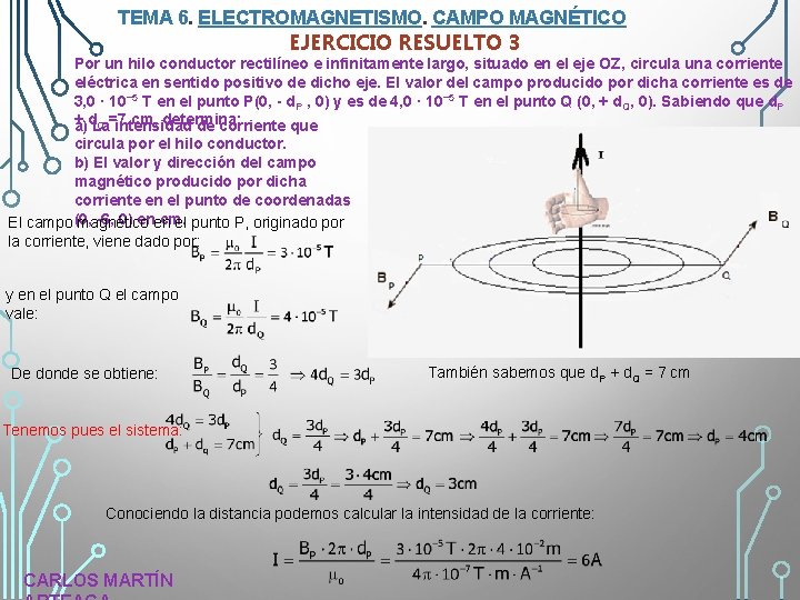 TEMA 6. ELECTROMAGNETISMO. CAMPO MAGNÉTICO EJERCICIO RESUELTO 3 Por un hilo conductor rectilíneo e