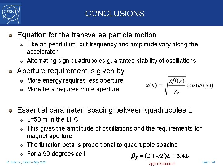 CONCLUSIONS Equation for the transverse particle motion Like an pendulum, but frequency and amplitude