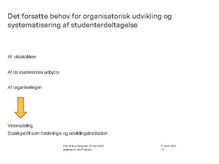 Det forsatte behov for organisatorisk udvikling og systematisering af studenterdeltagelse Af didaktikken Af de