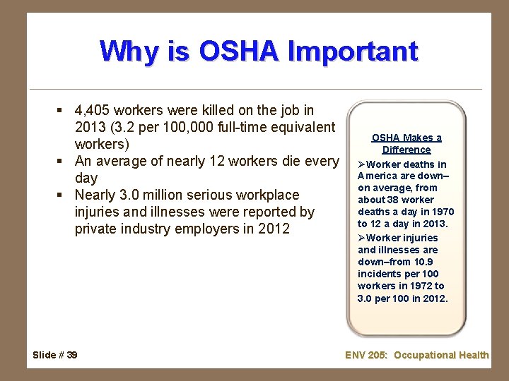 Why is OSHA Important § 4, 405 workers were killed on the job in