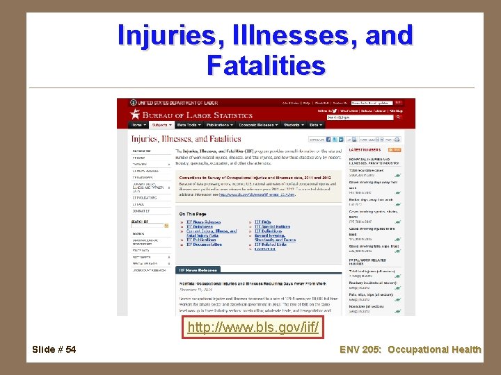 Injuries, Illnesses, and Fatalities http: //www. bls. gov/iif/ Slide # 54 ENV 205: Occupational