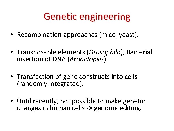 Genetic engineering • Recombination approaches (mice, yeast). • Transposable elements (Drosophila), Bacterial insertion of