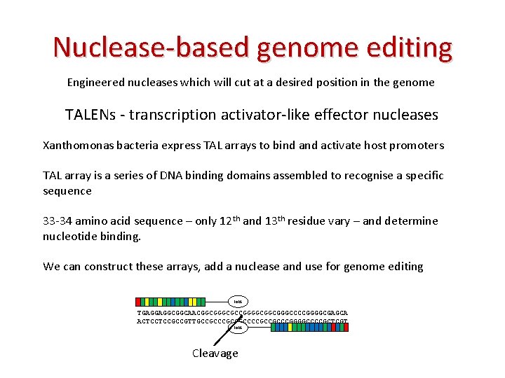 Nuclease-based genome editing Engineered nucleases which will cut at a desired position in the