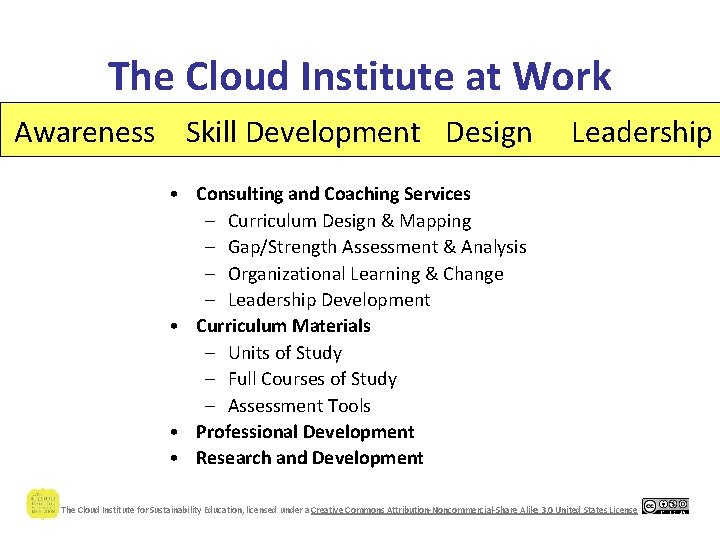 The Cloud Institute at Work Awareness Skill Development Design Leadership • Consulting and Coaching