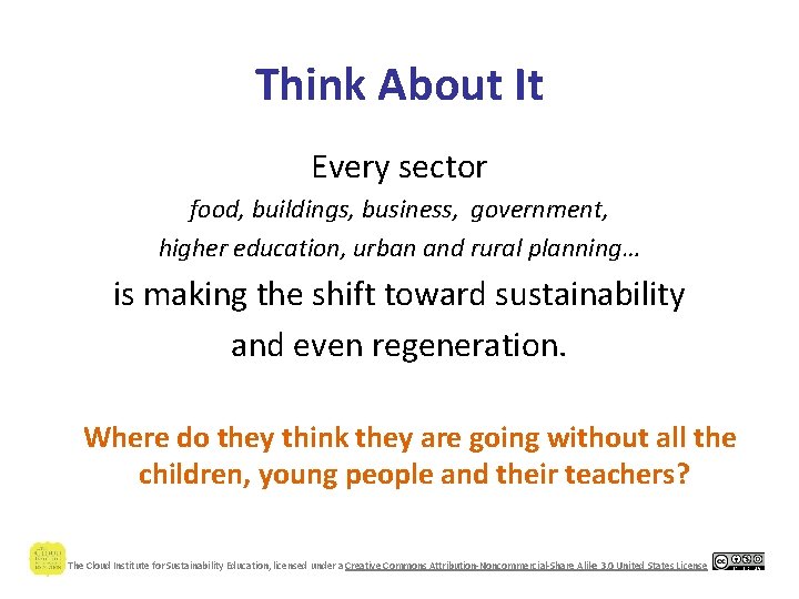 Think About It Every sector food, buildings, business, government, higher education, urban and rural