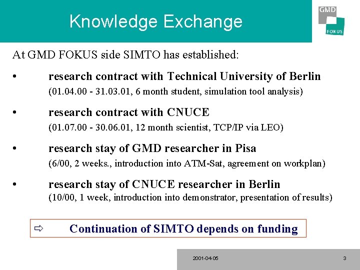 Knowledge Exchange At GMD FOKUS side SIMTO has established: • research contract with Technical