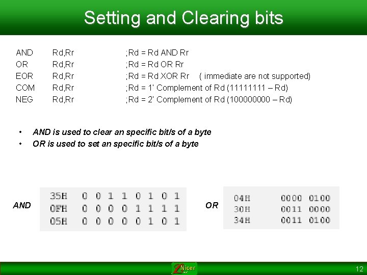 Setting and Clearing bits AND OR EOR COM NEG • • AND Rd, Rr