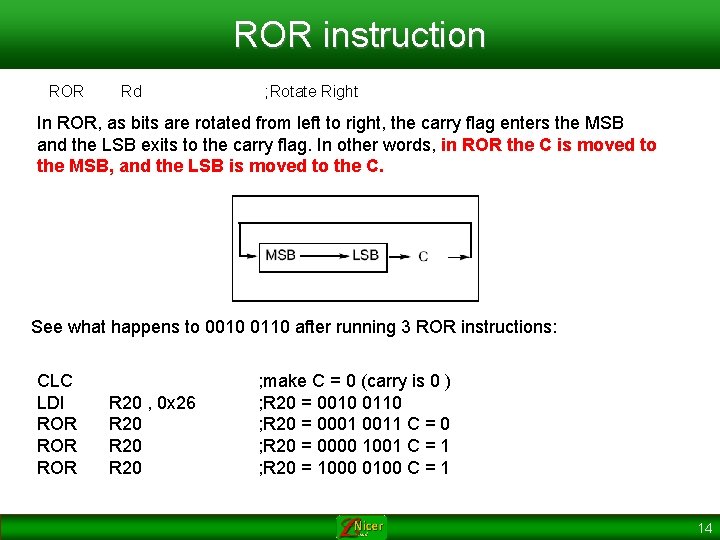 ROR instruction ROR Rd ; Rotate Right In ROR, as bits are rotated from