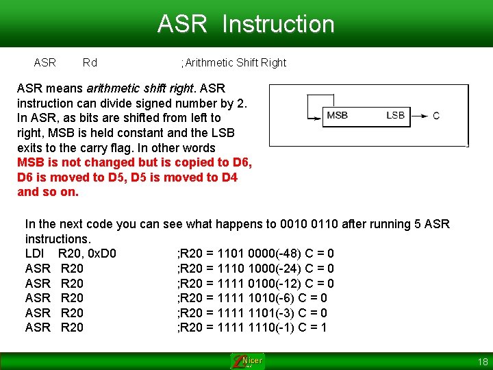 ASR Instruction ASR Rd ; Arithmetic Shift Right ASR means arithmetic shift right. ASR