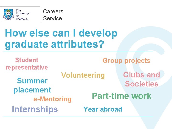 Careers Service. How else can I develop graduate attributes? Student representative Summer placement Group