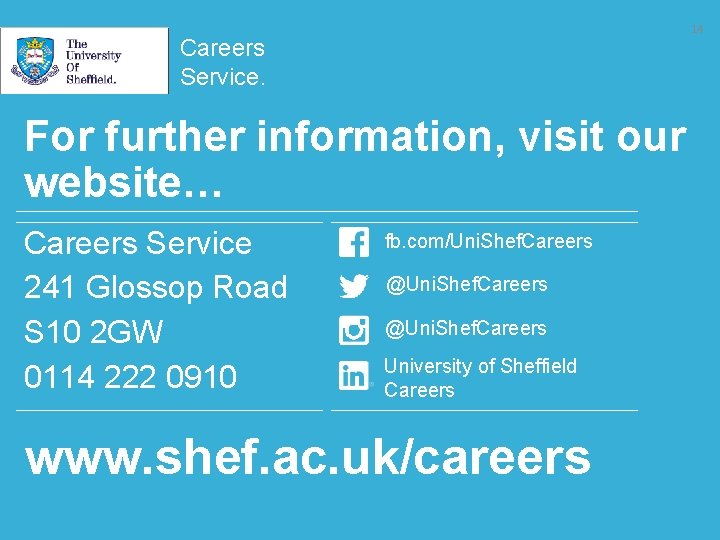 14 Careers Service. For further information, visit our website… Careers Service 241 Glossop Road