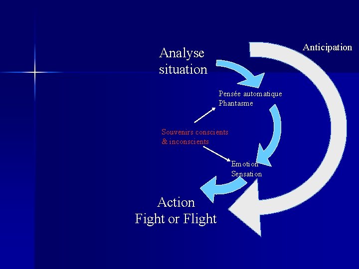 Anticipation Analyse situation Pensée automatique Phantasme Souvenirs conscients & inconscients Emotion Sensation Action Fight