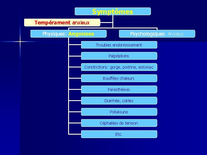 Symptômes Tempérament anxieux Physiques: Angoisses Psychologiques: Anxieux Troubles endormissement Palpitations Constrictions: gorge, poitrine, estomac