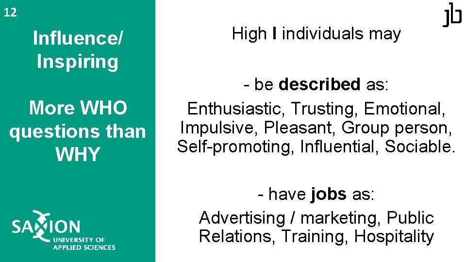 12 Influence/ Inspiring More WHO questions than WHY High I individuals may - be 12 Influence/ Inspiring More WHO questions than WHY High I individuals may - be
