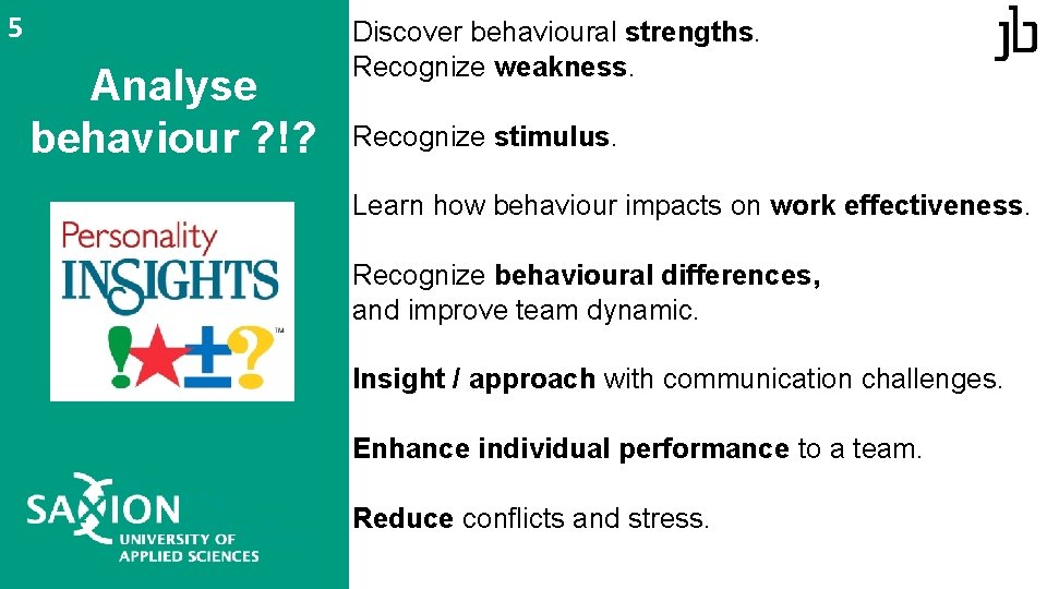 5 Analyse behaviour ? !? Discover behavioural strengths. Recognize weakness. Recognize stimulus. Learn how 5 Analyse behaviour ? !? Discover behavioural strengths. Recognize weakness. Recognize stimulus. Learn how