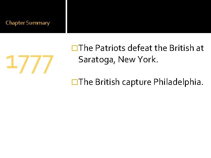 Chapter Summary 1777 �The Patriots defeat the British at Saratoga, New York. �The British