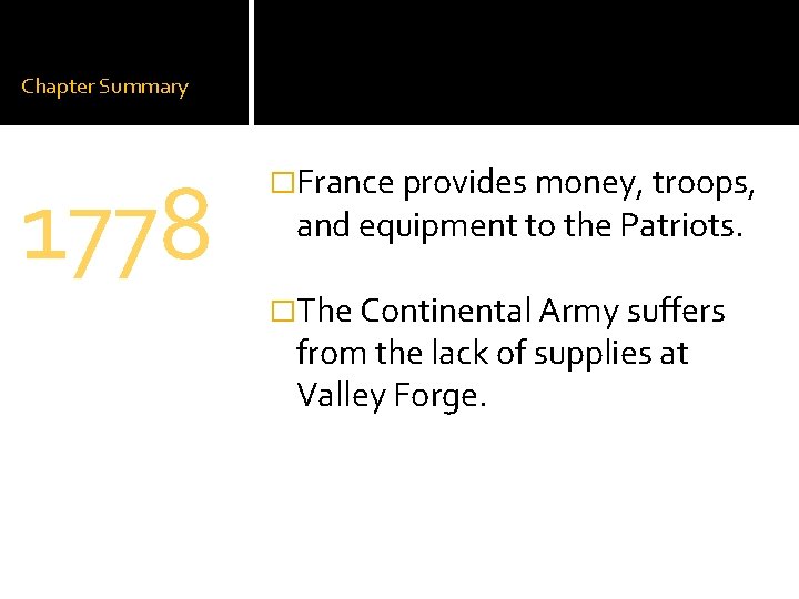 Chapter Summary 1778 �France provides money, troops, and equipment to the Patriots. �The Continental