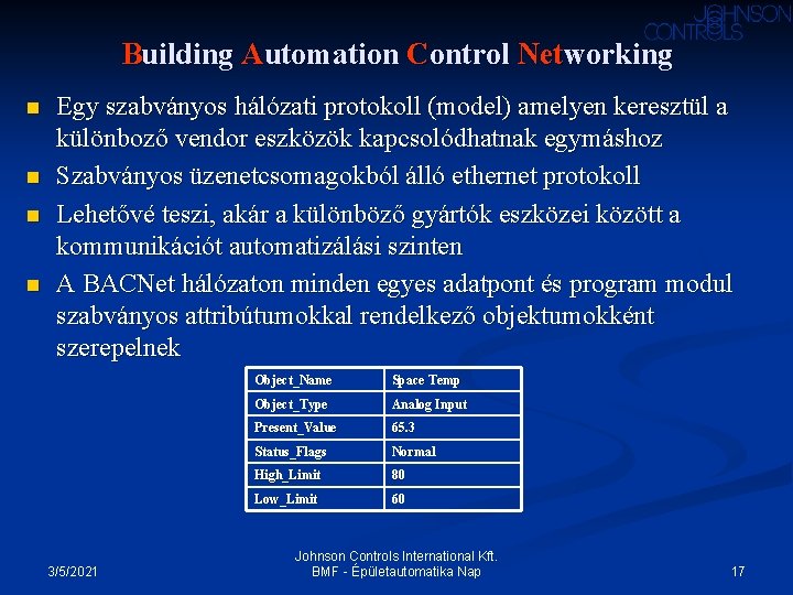 Building Automation Control Networking n n Egy szabványos hálózati protokoll (model) amelyen keresztül a Building Automation Control Networking n n Egy szabványos hálózati protokoll (model) amelyen keresztül a