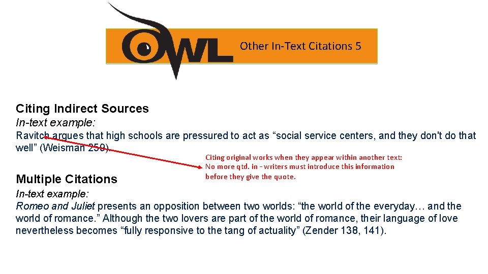 Other In-Text Citations 5 Citing Indirect Sources In-text example: Ravitch argues that high schools