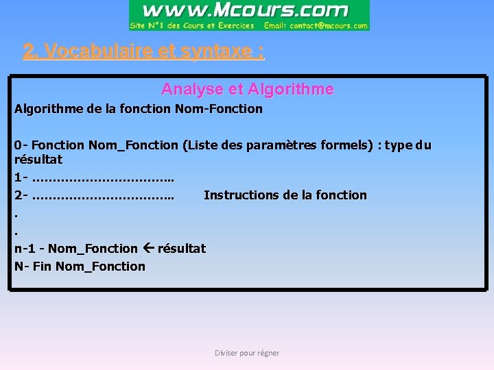 2. Vocabulaire et syntaxe : Analyse et Algorithme de la fonction Nom-Fonction 0 -