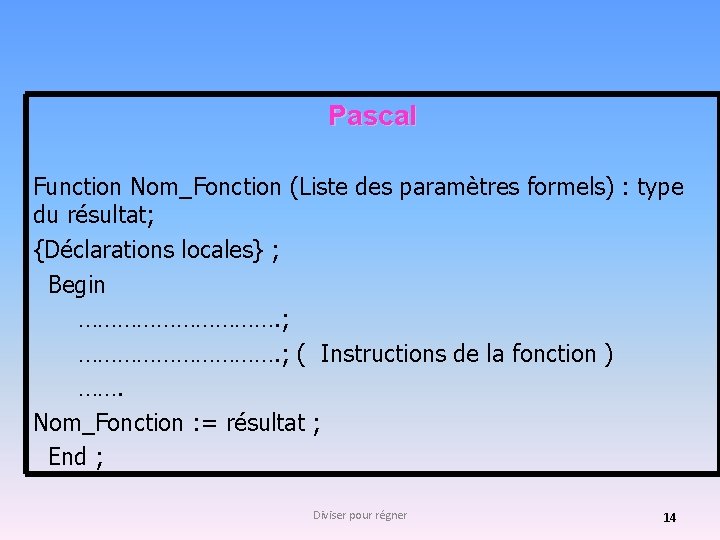 Pascal Function Nom_Fonction (Liste des paramètres formels) : type du résultat; {Déclarations locales} ;