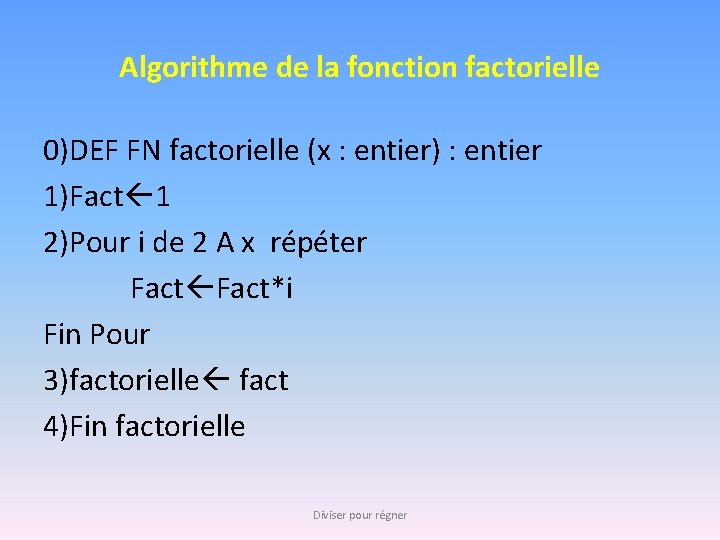 Algorithme de la fonction factorielle 0)DEF FN factorielle (x : entier) : entier 1)Fact