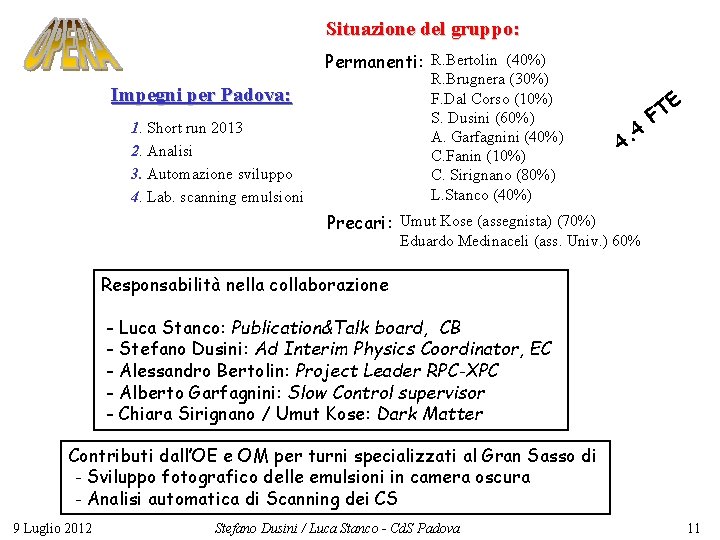 Situazione del gruppo: Permanenti: R. Bertolin (40%) R. Brugnera (30%) F. Dal Corso (10%)