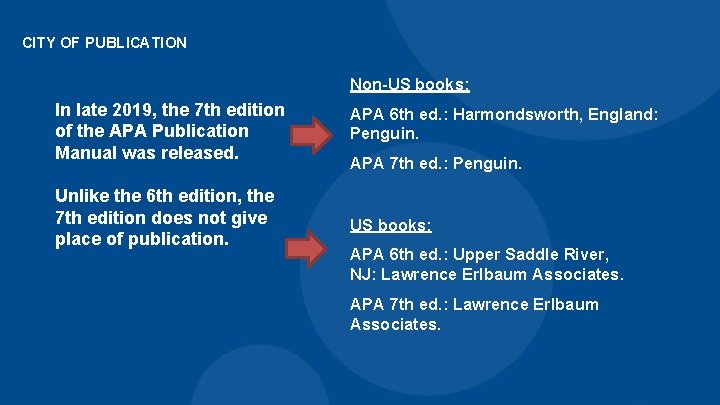 CITY OF PUBLICATION Non-US books: In late 2019, the 7 th edition of the