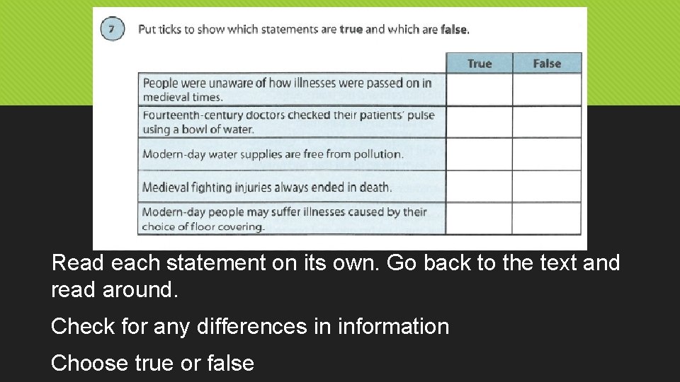 Read each statement on its own. Go back to the text and read around.