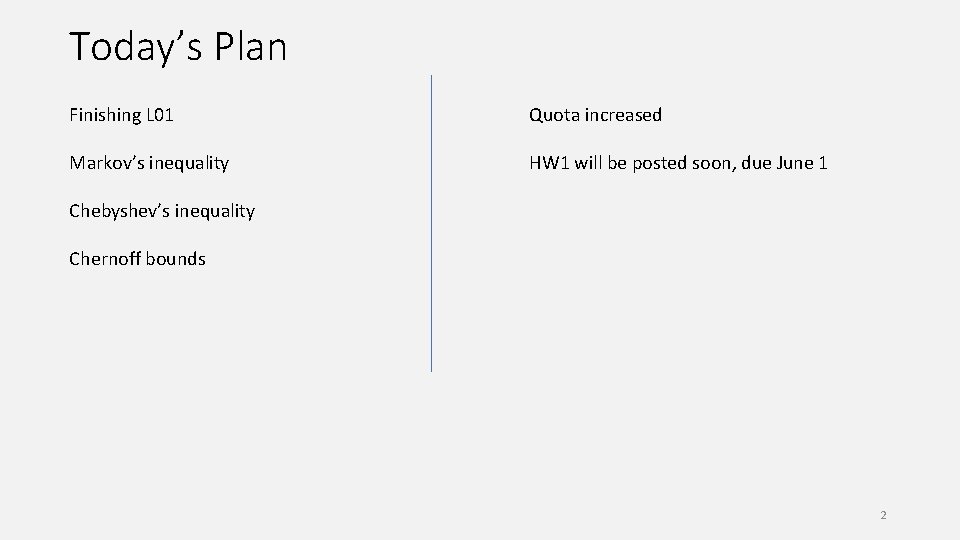 Today’s Plan Finishing L 01 Quota increased Markov’s inequality HW 1 will be posted