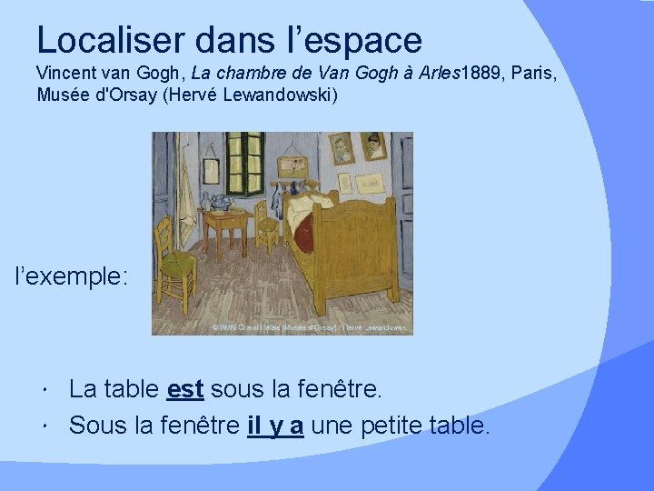 Localiser dans l’espace Vincent van Gogh, La chambre de Van Gogh à Arles 1889,