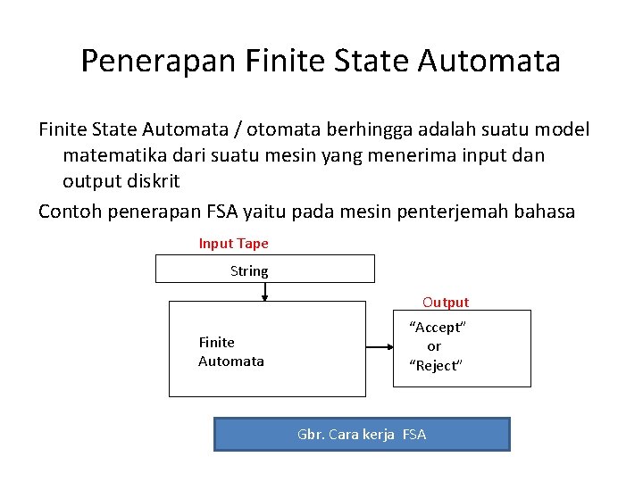 Penerapan Finite State Automata / otomata berhingga adalah suatu model matematika dari suatu mesin