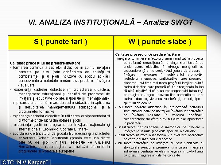 VI. ANALIZA INSTITUŢIONALĂ – Analiza SWOT S ( puncte tari ) Calitatea procesului de