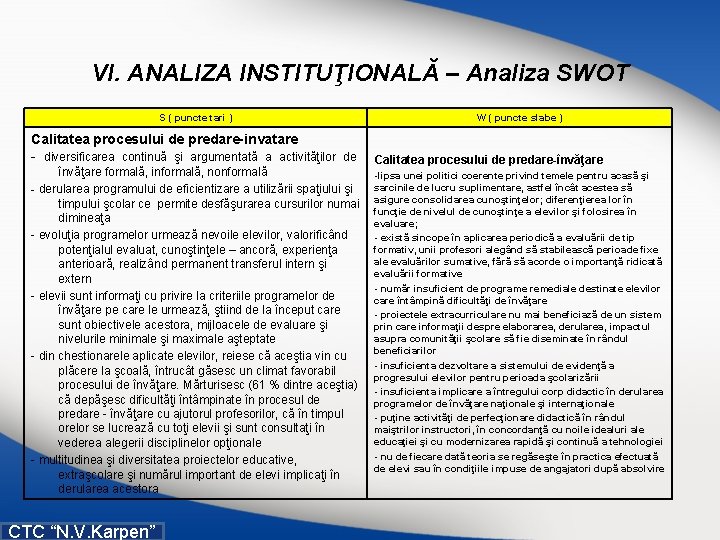 VI. ANALIZA INSTITUŢIONALĂ – Analiza SWOT S ( puncte tari ) Calitatea procesului de