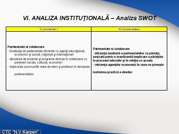 VI. ANALIZA INSTITUŢIONALĂ – Analiza SWOT S ( puncte tari ) W ( puncte