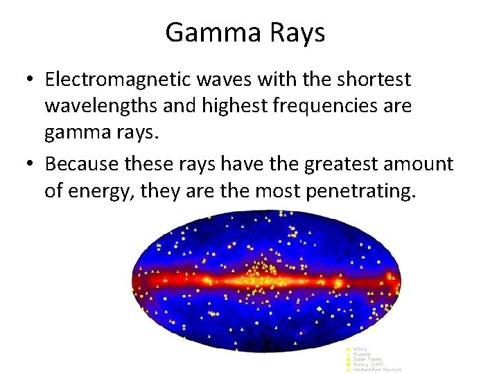 Gamma Rays • Electromagnetic waves with the shortest wavelengths and highest frequencies are gamma