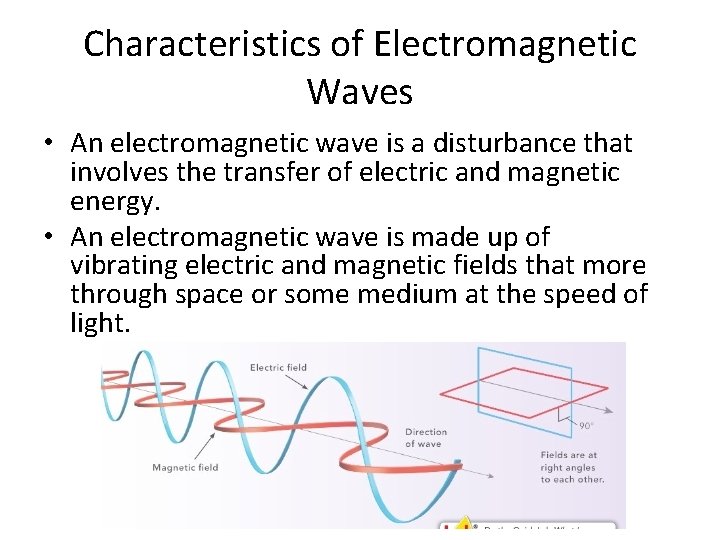 Characteristics of Electromagnetic Waves • An electromagnetic wave is a disturbance that involves the
