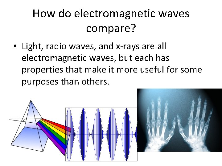 How do electromagnetic waves compare? • Light, radio waves, and x-rays are all electromagnetic