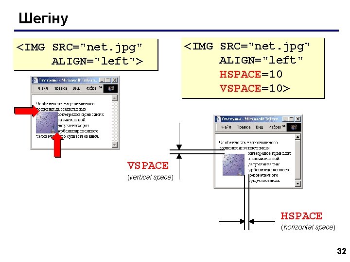 Шегіну <IMG SRC="net. jpg" ALIGN="left"> <IMG SRC="net. jpg" ALIGN="left" HSPACE=10 VSPACE=10> VSPACE (vertical space)