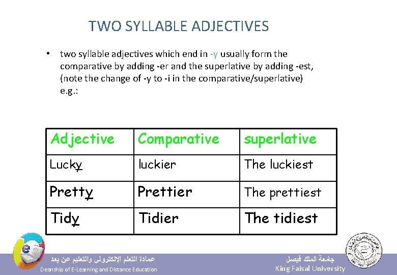 TWO SYLLABLE ADJECTIVES • two syllable adjectives which end in -y usually form the