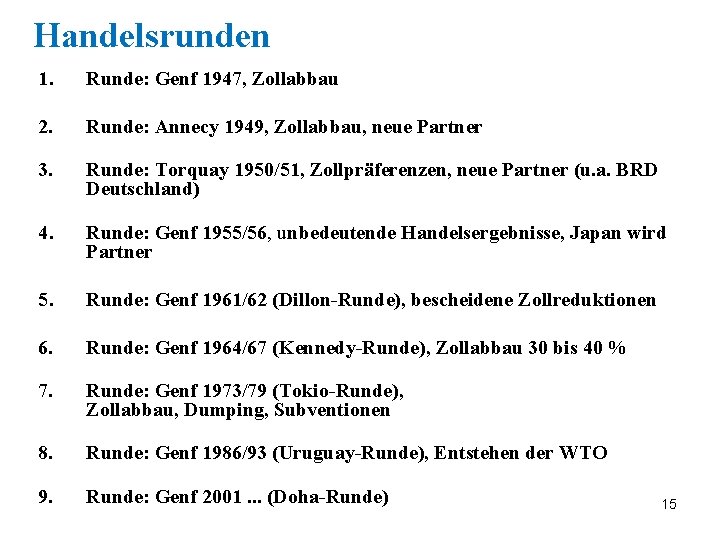 Handelsrunden 1. Runde: Genf 1947, Zollabbau 2. Runde: Annecy 1949, Zollabbau, neue Partner 3.