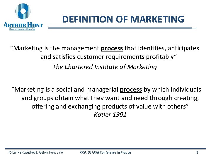 DEFINITION OF MARKETING ”Marketing is the management process that identifies, anticipates and satisfies customer