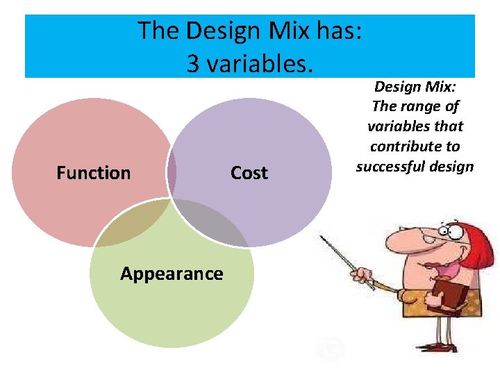 The Design Mix has: 3 variables. Function Appearance Cost Design Mix: The range of